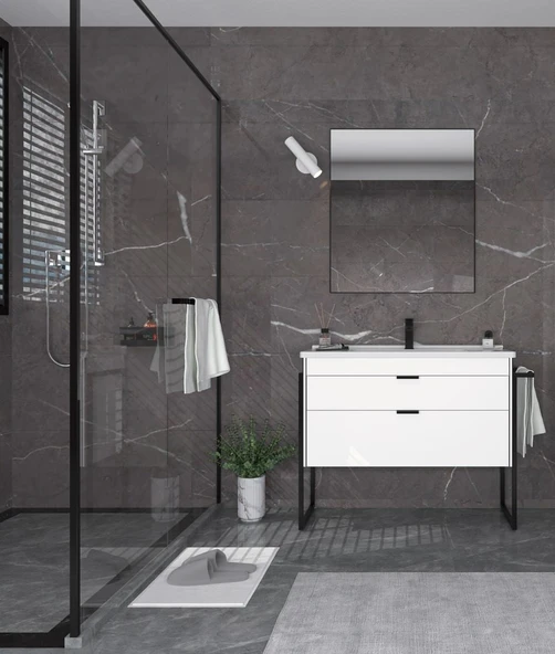 Orka Trio 80 cm MDF Çekmeceli Beyaz Ayaklı Banyo Dolabı Takımı