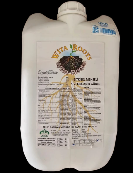 Organik Sıvı Gübre, Bitki Köklendirici Teşvik Edici, Kök Oluşturucu Organik Gübre, Wita Roots 20 Lt