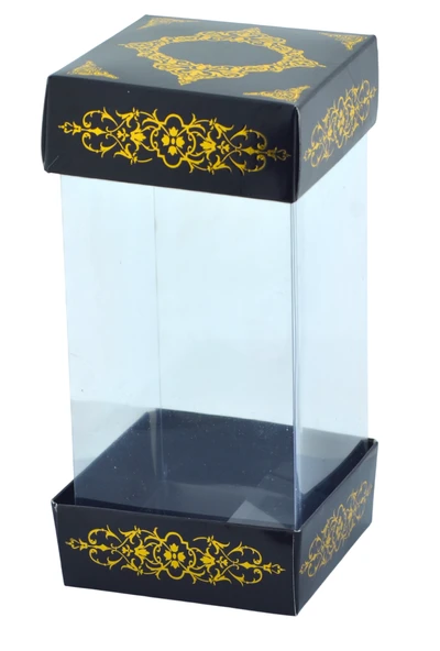 Hediyelik Alt Üst Karton Kapak Siyah Gold Varaklı Arası Asetat Kutu (8CMX8CMX16.5CM)