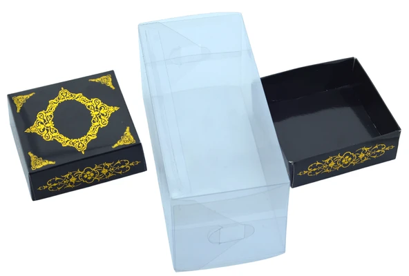Hediyelik Alt Üst Karton Kapak Siyah Gold Varaklı Arası Asetat Kutu (8CMX8CMX16.5CM) - 2