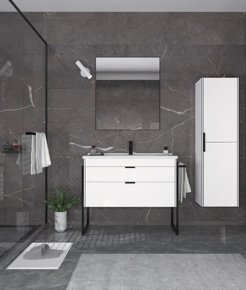 Orka Trio 80 cm MDF Çekmeceli Beyaz Ayaklı Banyo Dolabı Takımı ve Boy Dolabı