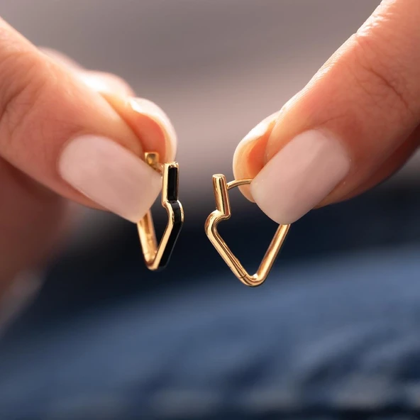 Siyah Mineli Ok Tasarım Altın Küpe - 2