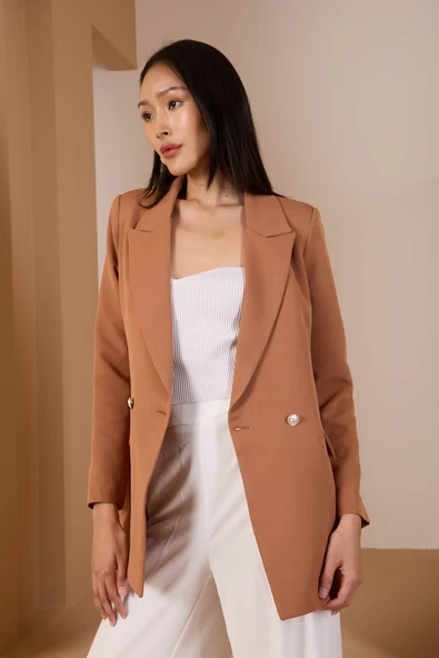 Açık Kahverengi Oversize Dokuma Blazer Ceket