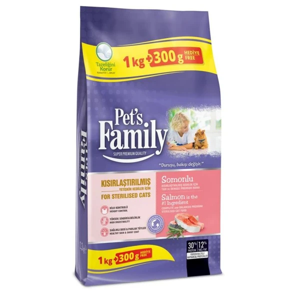Pets Family Kısırlaştırılmış Kediler İçin Somonlu Mama 1,3 kg
