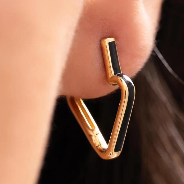 Siyah Mineli Ok Tasarım Altın Küpe - 4