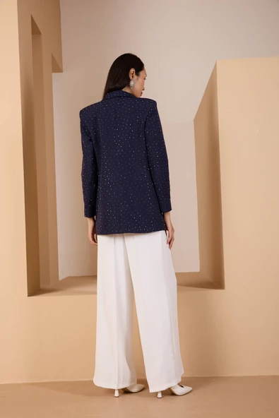 Lacivert Regular Dokuma Astarlı Taş Detaylı Blazer Ceket - 7