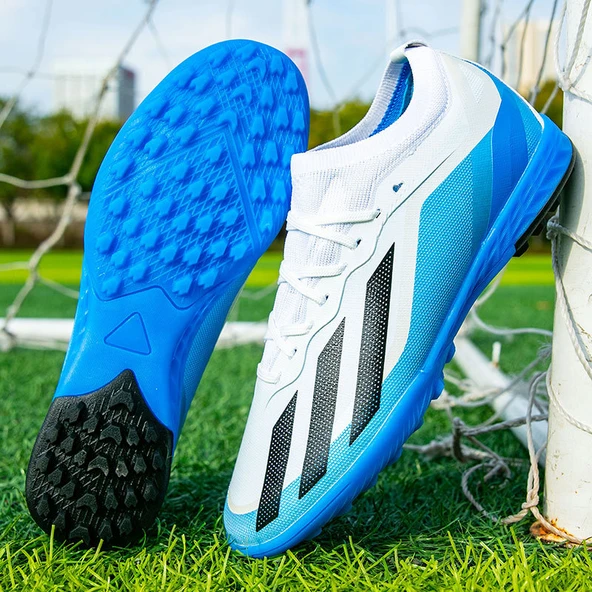 Unisex Çocuk Futbol Ayakkabısı - Halı Saha Kramponu (Beyaz - Deniz Mavi Ay TF-1)