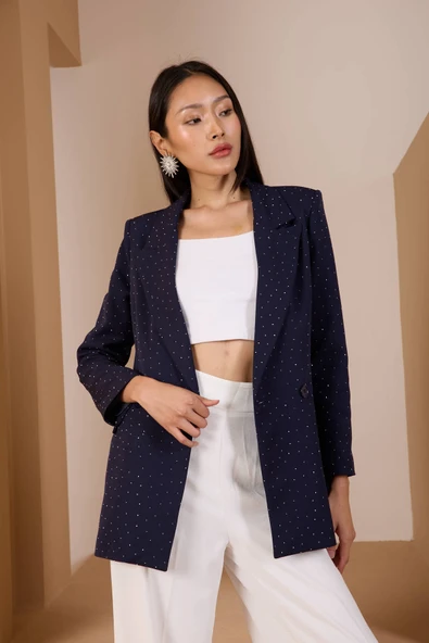 Lacivert Regular Dokuma Astarlı Taş Detaylı Blazer Ceket