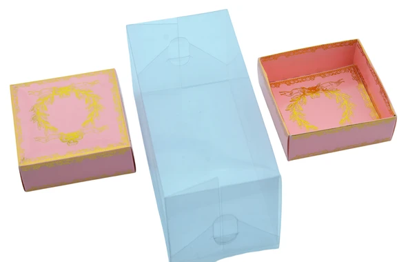 Hediyelik Alt Üst Karton Kapak Pembe Gold Varaklı Arası Asetat Kutu (8CMX8CMX16.5CM) - 2