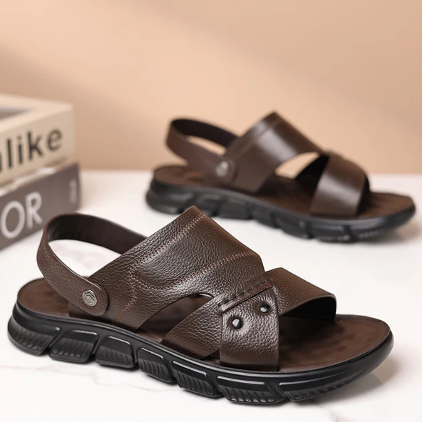 Erkek Deri Plaj Sandalet (Kahverengi)
