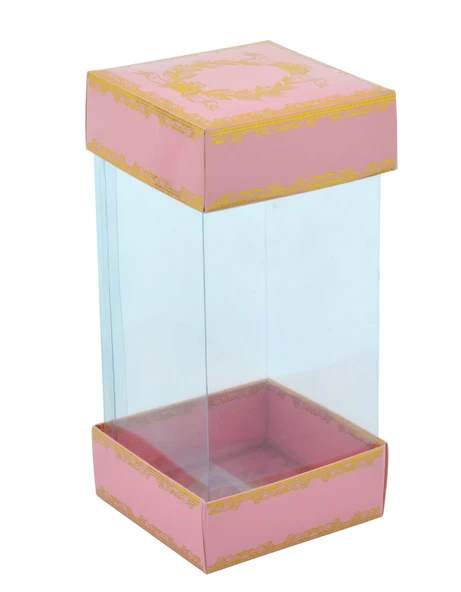 Hediyelik Alt Üst Karton Kapak Pembe Gold Varaklı Arası Asetat Kutu (8CMX8CMX16.5CM)