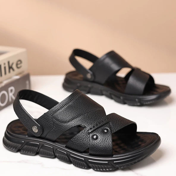 Erkek Deri Plaj Sandalet (Siyah)