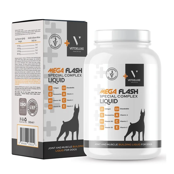 VETDELUXE Köpekler Için Eklem ve Kas Geliştirici Chondroitin, Collagen, Glucosamine, Vitamin Likit Megaflash 500 ml