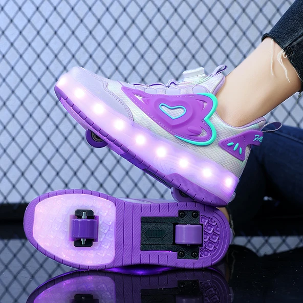 LED Işıklı Kız Çocuk Patenli Spor Ayakkabı (Mor)