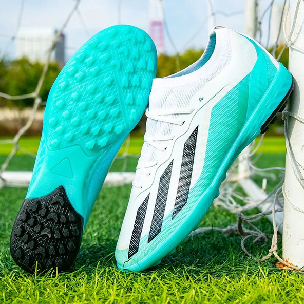 Unisex Çocuk Futbol Ayakkabısı - Halı Saha Kramponu (Beyaz - Gök Mavisi TF-4)