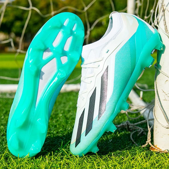 Unisex Çocuk Futbol Ayakkabısı - Halı Saha Kramponu (Beyaz - Deniz Mavi Ay Uzun Çiviler)