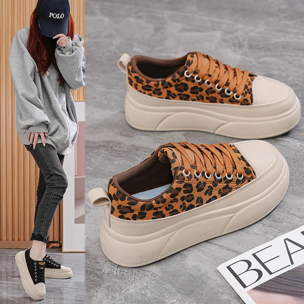 Kadın Günlük Ayakkabı - Yuvarlak Burun - Bağcıklı - 5cm Topuklu (Leopar Desenli)
