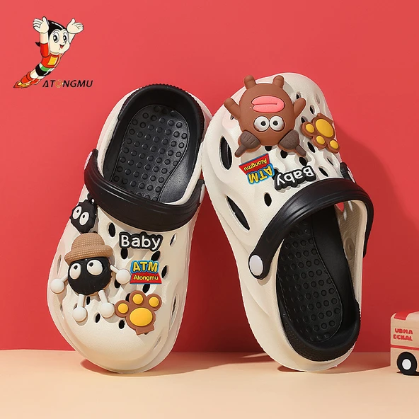 Unisex Çocuk Karikatür Desenli Terlik Sandalet (Beyaz - Siyah)