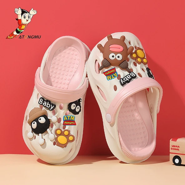 Unisex Çocuk Karikatür Desenli Terlik Sandalet (Beyaz - Pembe)