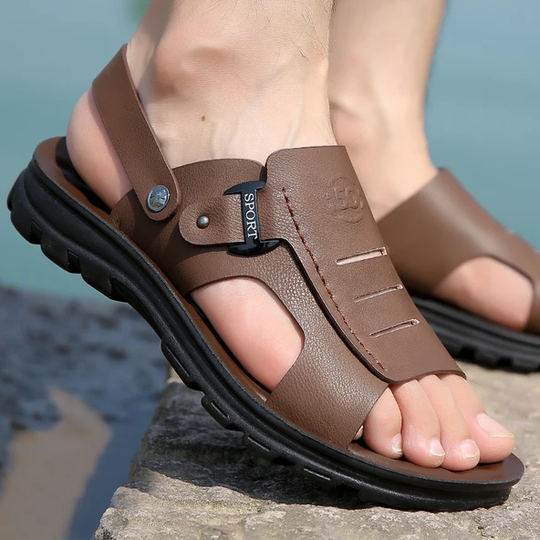 Erkek Deri Yazlık Sandalet Terlik (Kahverengi)