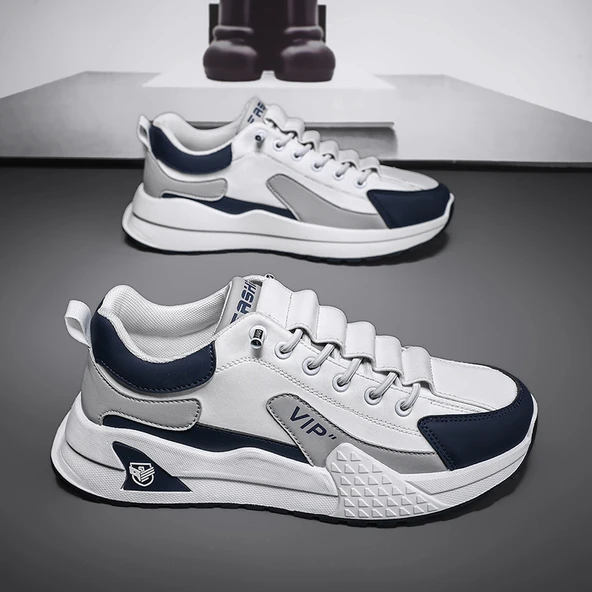 Erkek Deri Panel Sneaker Ayakkabı (Beyaz - Mavi)