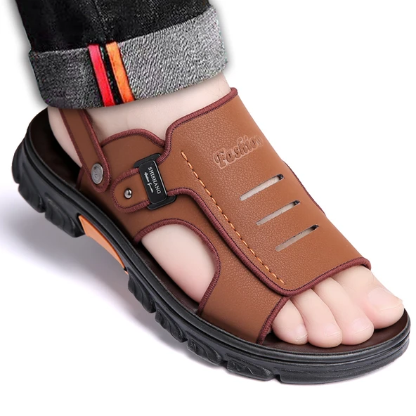 Erkek Deri Yazlık Plaj Sandalet Terlik (Kahverengi)