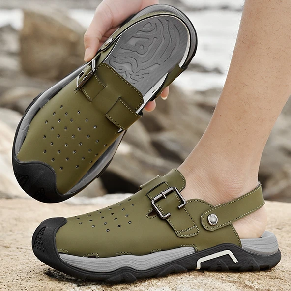 Erkek Yazlık Deri Sandalet (Haki Yeşili) - Resim 5