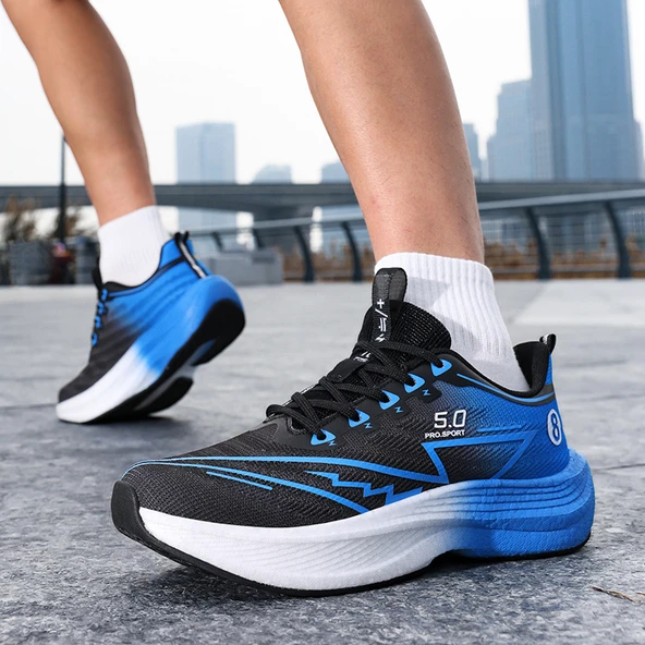 Unisex Karbon Plakalı Spor Ayakkabı (Siyah - Mavi)