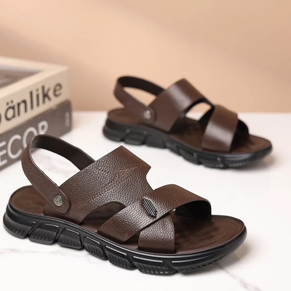 Erkek Deri Plaj Sandalet (Kahverengi)