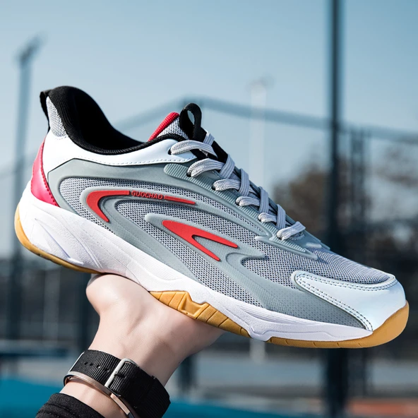 Unisex Badminton ve Tenis Ayakkabısı (Gri - Kırmızı)