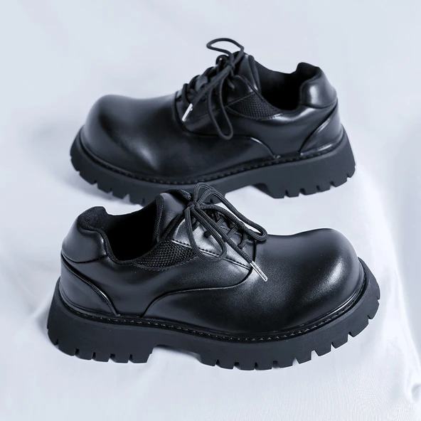 Unisex Platform Topuklu Deri Derby Ayakkabı (Siyah)