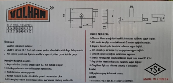 VOLKAN SİLİNDİRLİ TRAJLI ( TİRAJLI ) KİLİT KARE 14 cm SİLİNDİRLİ TRAJLI ( TİRAJLI ) KİLİT - DEMİR KAPI KİLİDİ - 4
