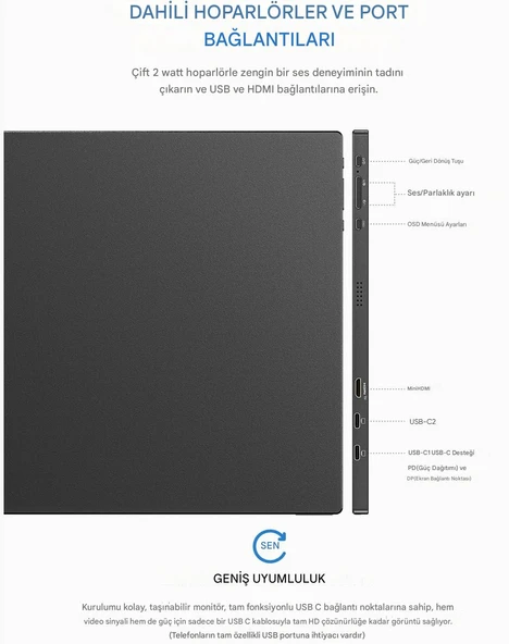 Arzopa S1 Table 15.6" Full HD 60Hz IPS Ultra İnce Taşınabilir Monitör - 6