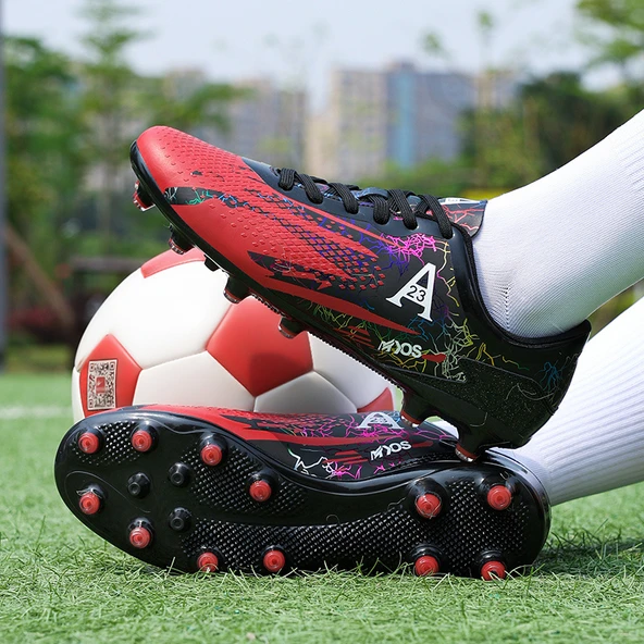 Çocuk Futbol Ayakkabısı - Halı Saha Kramponu - Unisex (Siyah - Kırmızı Uzun Krampon)