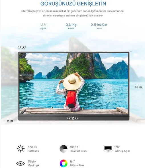 Arzopa S1 Table 15.6" Full HD 60Hz IPS Ultra İnce Taşınabilir Monitör - 2
