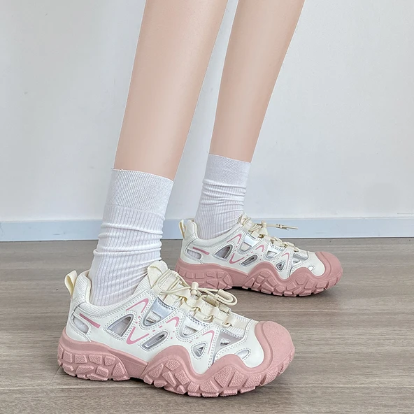 Kadın Yürüyüş Ayakkabısı - Yazlık, Hava Alan, Platform, Bağcıklı (Pembe)