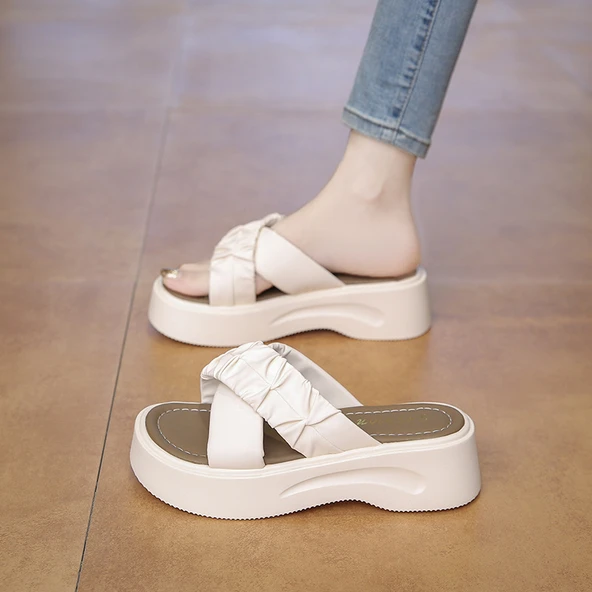 Kadın Platform Topuklu Terlik Sandalet (Bej) - Resim 2