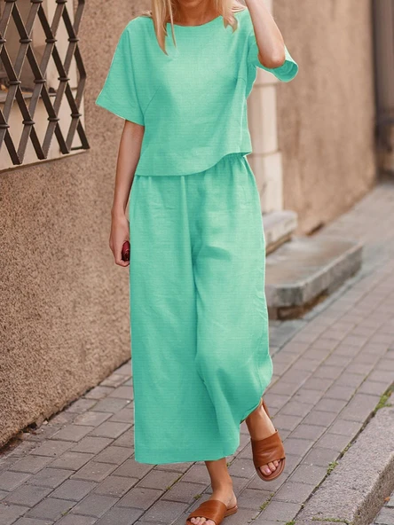 Günlük Rahat Beli Lastikli Kadın Su Yeşili Keten İkili Takım Alt Üst ürün görseli 1