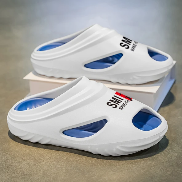 Unisex Kalın Tabanlı Terlik (Beyaz - Mavi)