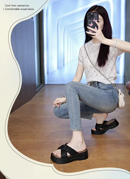 Kadın Platform Topuklu Terlik Sandalet (Bej) - Resim 11