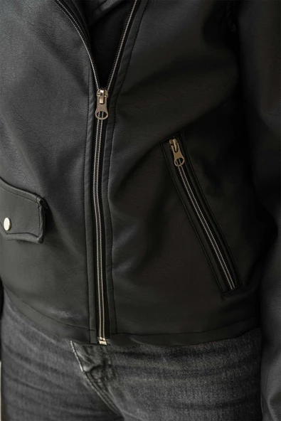 Çift Cepli Astarlı Fermuarlı Kadın Deri Ceket - 8