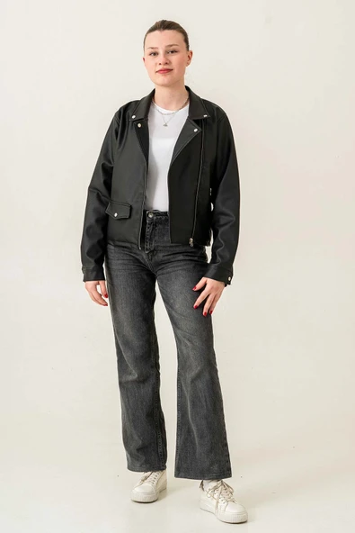 Çift Cepli Astarlı Fermuarlı Kadın Deri Ceket