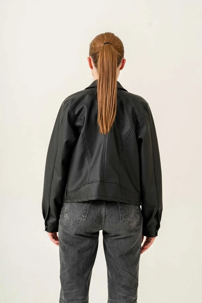 Çift Cepli Astarlı Fermuarlı Kadın Deri Ceket - 5