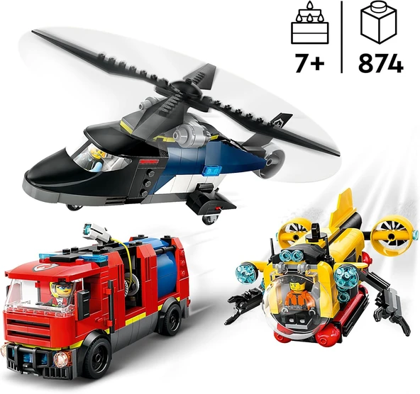 Lego City Helikopter, İtfaiye Kamyonu Ve Denizaltı Karışımı 60462-7 Yaş Ve Üzeri Çocuklar Için Yarat - Resim 2