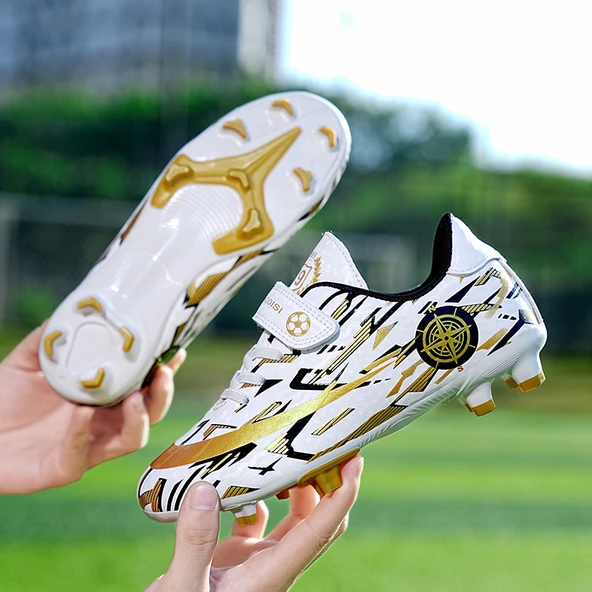 Unisex Çocuk Krampon Futbol Ayakkabısı (Beyaz - Altın)
