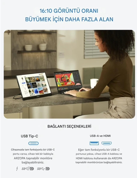Arzopa Z1RC 16" 2.5K 60Hz IPS Parlak QHD Ekran Taşınabilir Monitör - 2