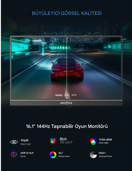 Arzopa Z1FC 16.1" Full HD 144Hz IPS Taşınabilir Oyuncu Monitör - 3
