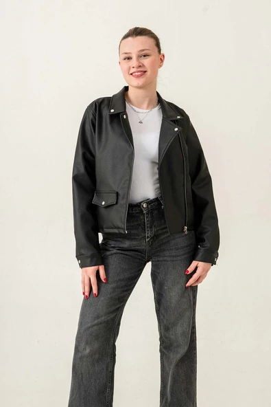 Çift Cepli Astarlı Fermuarlı Kadın Deri Ceket - 2