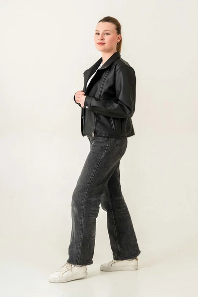 Çift Cepli Astarlı Fermuarlı Kadın Deri Ceket - 6