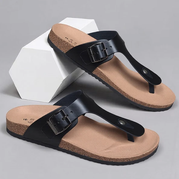 Unisex Deri Terlik Sandalet (Siyah)